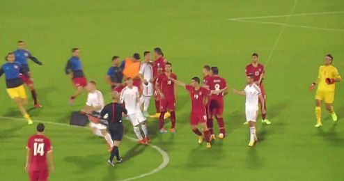 Momento en el que Mitrovic (Serbia) coge la bandera albana Momento en el que Mitrovic (Serbia) coge la bandera albana