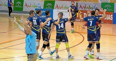 Los jugadores del Cajasol Voley celebran el importante triunfo. Los jugadores del Cajasol Voley celebran el importante triunfo.