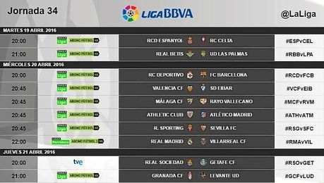 Los partidos y los horarios de la jornada 34. Los partidos y los horarios de la jornada 34.