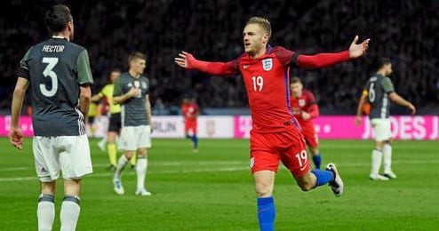 Vardy celebra su gol en el amistoso ante Alemania. Vardy celebra su gol en el amistoso ante Alemania.