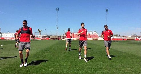 Rami, Escudero y Vitolo, en el entrenamiento de hoy. Rami, Escudero y Vitolo, en el entrenamiento de hoy.
