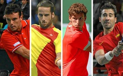 Roberto Bautista, Feliciano López, Pablo Carreño y Marc López, equipo español ante Rumanía. Roberto Bautista, Feliciano López, Pablo Carreño y Marc López, equipo español ante Rumanía.