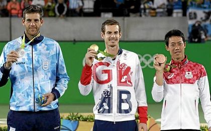 Del Potro, Murray y Nishikori posan con la medalla en Río. Del Potro, Murray y Nishikori posan con la medalla en Río.