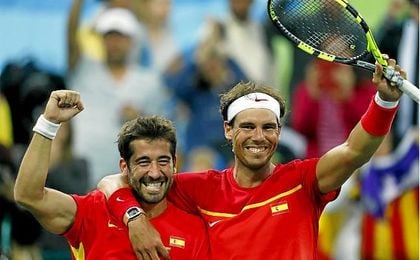 Nadal y Marc López celebran un punto en Río 2016. Nadal y Marc López celebran un punto en Río 2016.