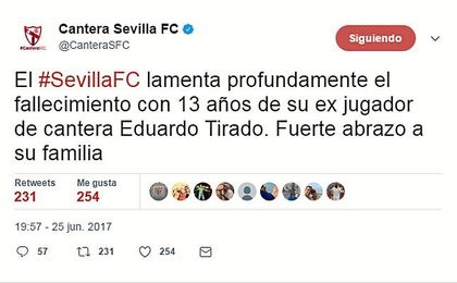 El tuit publicado por el club nervionense. El tuit publicado por el club nervionense.