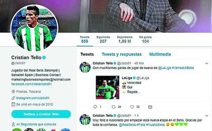 Cristian Tello tardó apenas unos minutos en vestirse con su nueva camiseta en su perfil oficial de Twitter y en mostrar su alegría por el fichaje. Cristian Tello tardó apenas unos minutos en vestirse con su nueva camiseta en su perfil oficial de Twitter y en mostrar su alegría por el fichaje.