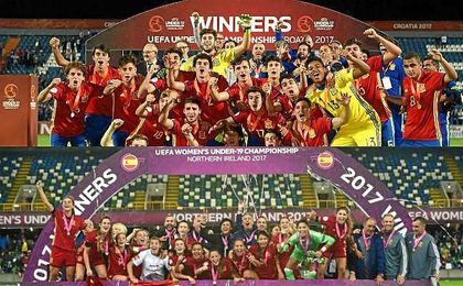 Las selecciones españolas sub-17 masculina y sub-19 femenina salieron victoriosas en los campeonatos europeos de este verano. Las selecciones españolas sub-17 masculina y sub-19 femenina salieron victoriosas en los campeonatos europeos de este verano.