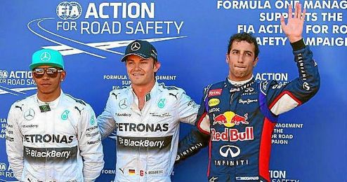 Hamilton, Rosberg y Ricciardo saldrán segundo, primero y tercero respectivamente. Hamilton, Rosberg y Ricciardo saldrán segundo, primero y tercero respectivamente.