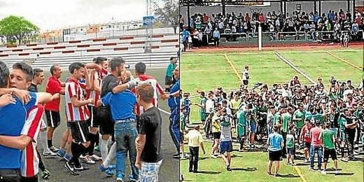 Aficionados y jugadores del Morón y Pedrera celebran juntos el ascenso a Primera Andaluza. Aficionados y jugadores del Morón y Pedrera celebran juntos el ascenso a Primera Andaluza.