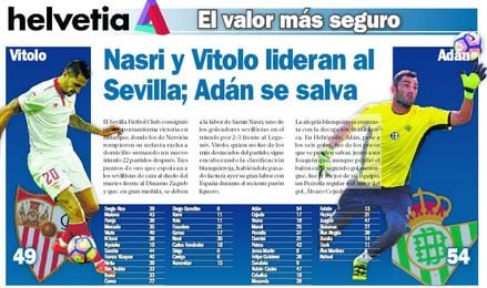 Nasri y Vitolo lideran al Sevilla; Adán se salva Nasri y Vitolo lideran al Sevilla; Adán se salva
