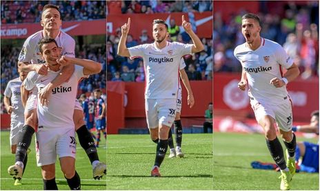 Ben Yedder, Sarabia y André Silva celebran sus goles ante el Levante. Ben Yedder, Sarabia y André Silva celebran sus goles ante el Levante.