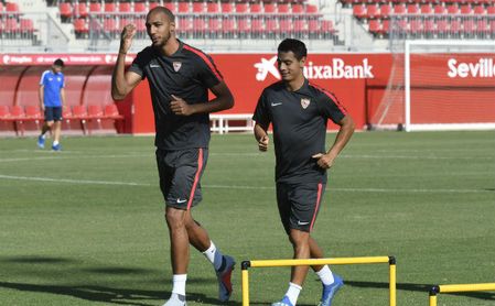 Nzonzi y Ben Yedder en un entrenamiento del Sevilla. Nzonzi y Ben Yedder en un entrenamiento del Sevilla.