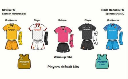 Las equipaciones en el Sevilla-Rennes con un matiz que llama la atención. Las equipaciones en el Sevilla-Rennes con un matiz que llama la atención.