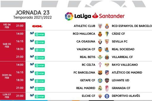 Horarios jornada 23: Mallorca-Cadiz, Osasuna-Sevilla, Betis-Villarreal y Real Madrid-Granada Horarios jornada 23: Mallorca-Cadiz, Osasuna-Sevilla, Betis-Villarreal y Real Madrid-Granada